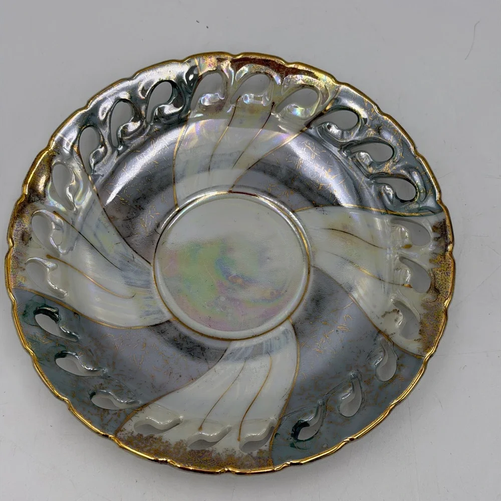 Vtg Lustreware Iridescent Footed Teacup and Reticulated Saucer Set Gold Trim